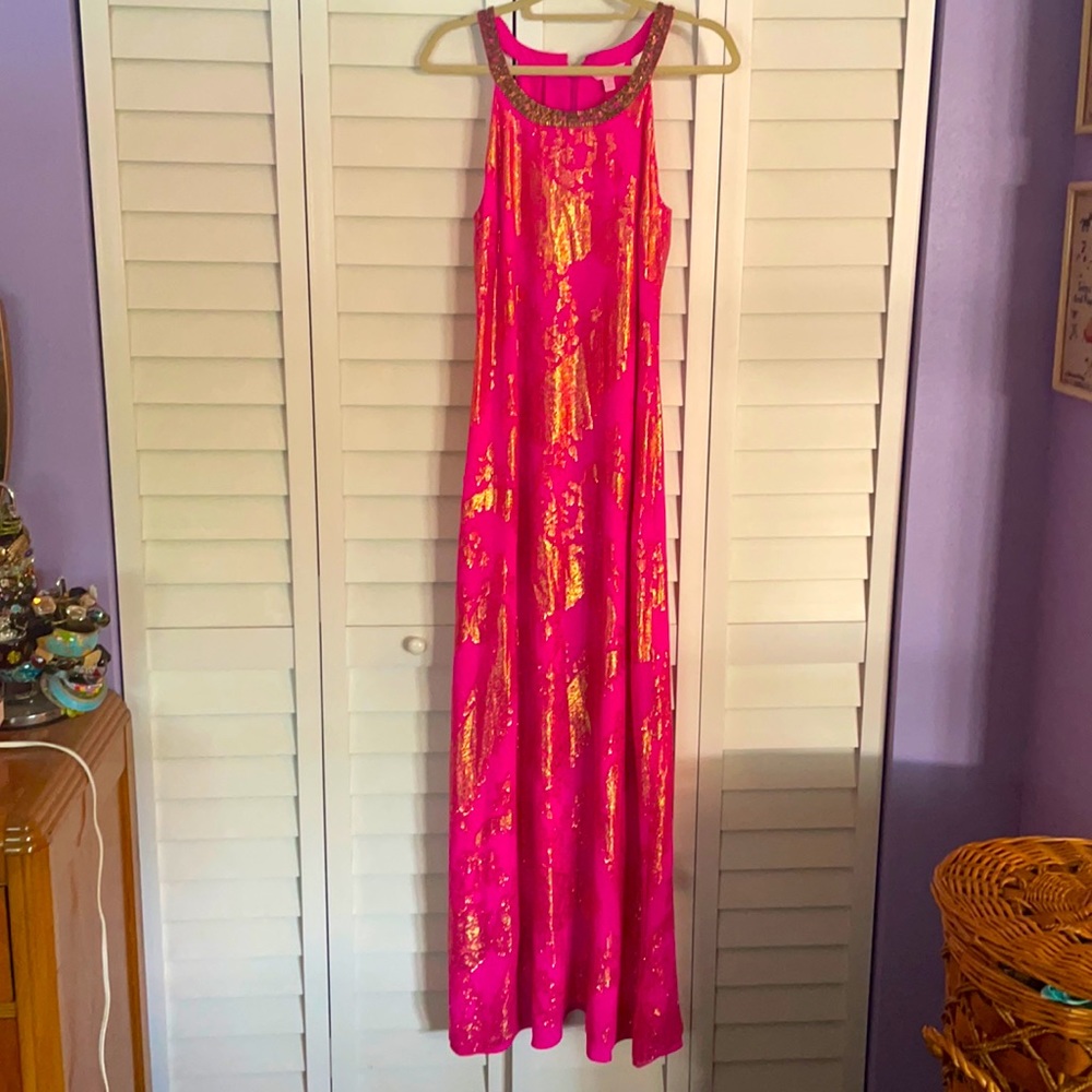 Lilly Pulitzer size 10 SILK pink and gold long dress gown